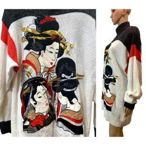 80s Glam Oversized Turtleneck Sweater w Geisha Appliqués | M - Fashionconservatory.com