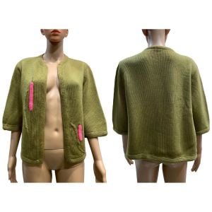 50s 60s Olive Green Open Cardigan Sweater w Pink Cattails  - Fashionconservatory.com