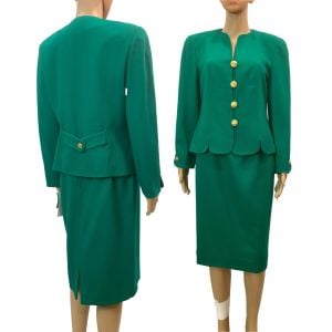 90s Green Wool Tailored Skirt Suit | Blazer Pencil Skirt 