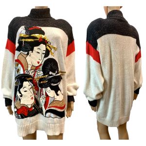 80s Glam Oversized Turtleneck Sweater w Geisha Appliqués | M