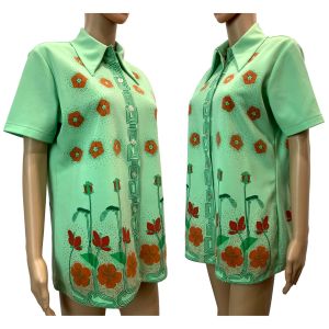 70s Green Floral Print Polyester Double Knit Tunic Short Sleeve Top  - Fashionconservatory.com