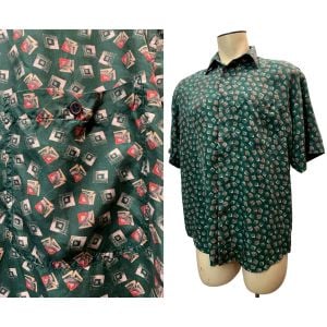 90s Green Silk Short Sleeve Shirt w Small Pattern | M
