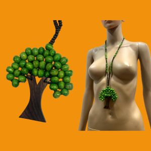 Boho Wood Bead Green Tree Long Necklace Pendant 