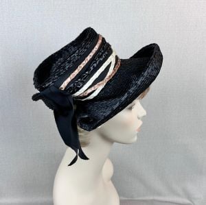 Vintage 60s Black Straw Asymmetrical Wide Brim Hat by Gwenn Pennington