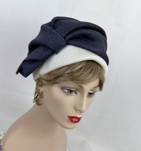 Vintage 60s Navy Blue and White Turban Style Hat by Gwenn Pennington