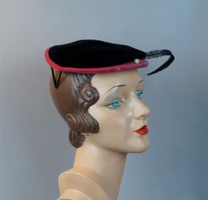 1950s Vintage Hat Black and Pink Velvet with Feather Cocktail Beret by Helen Erickson