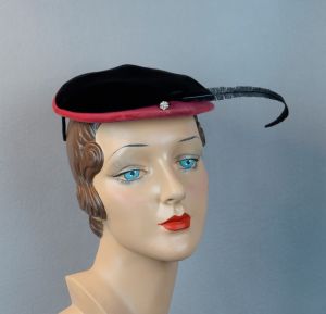 1950s Vintage Hat Black and Pink Velvet with Feather Cocktail Beret by Helen Erickson - Fashionconservatory.com