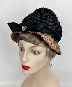 Vintage 60s Black and Tan Narrow Brim Straw Hat, Cloche Style Hat, Samuel Spigel - Fashionconservatory.com