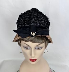 Vintage 60s Black and Tan Narrow Brim Straw Hat, Cloche Style Hat, Samuel Spigel