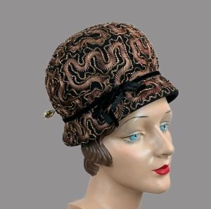 Vintage 60s Bronze Beaded Bubble Crown Hat by Herbert Bernard