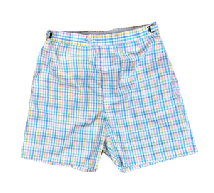 Vintage 70s Pink, Blue and Yellow Gingham Check Seersucker Bermuda Shorts by Higgins, Mens Sz 40