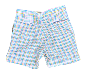 Vintage 70s Pink, Blue and Yellow Gingham Check Seersucker Bermuda Shorts by Higgins, Mens Sz 40 - Fashionconservatory.com