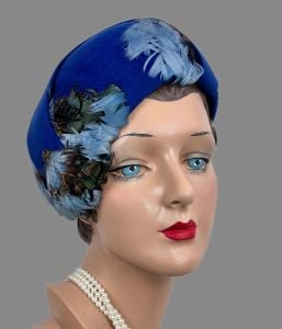Vintage 50s Royal Blue Feather Asymmetrical Beret Hat, Hilda and Hester Hats