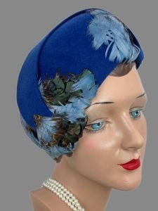 Vintage 50s Royal Blue Feather Asymmetrical Beret Hat, Hilda and Hester Hats - Fashionconservatory.com