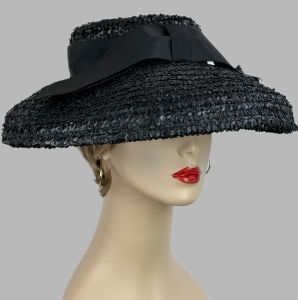 Vintage Black Wide Mushroom Brim Straw Hat - Fashionconservatory.com