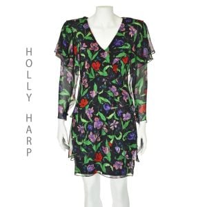 HOLLY HARP Vintage Tiered Black & Floral Silk Chiffon Dress SIZE 2/4, Small