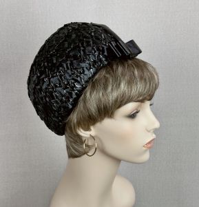Vintage 60s Black Cello Straw Pillbox Hat by G Howard Hodge