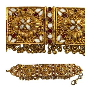 90s India Wide Gold Jointed Bracelet w Red & White Stones Dangle Balls  - Fashionconservatory.com