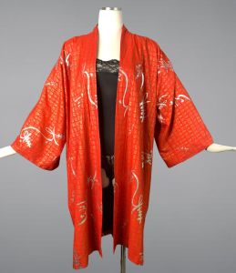 Vintage 60s Orange Metallic Kimono Style Robe Gold and Silver Chinese Characters Print Japanese