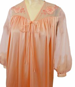 Vintage 70s Robe Peach Dressing Gown Long Nylon Negligee Bathrobe Puffy Sleeves Sheer Trim Lorraine - Fashionconservatory.com