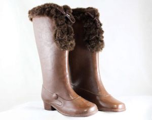 Girls Brown Boots - Child Size 11 - 1950s 60s - Tall Faux Fur Lace Up 