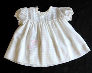 50s Baby Dress - Size 6 Months - 1950s White Cotton Frock - Antique Style Layette - Pink & Blue 