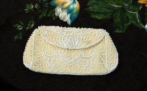 Beaded clutch Walborg handmade silk purse ivory white petite bag bridal made in Belgium 1940s