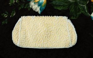 Beaded clutch Walborg handmade silk purse ivory white petite bag bridal made in Belgium 1940s - Fashionconservatory.com