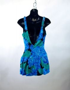 1970s swimsuit Roxanne skirt swimsuit bathing suit blue floral one piece tank 36 bust Size M - Fashionconservatory.com