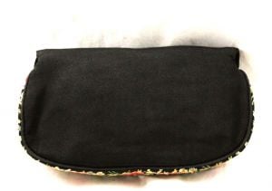 Sweet 1950s Evening Purse - Black Crepe Clutch Bag with Embroidered Pink Floral Panel - 40s 50s  - Fashionconservatory.com