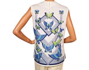 Vintage 1960s Shell Top - Butterfly Novelty Print - Blue and Green - Size S - Fashionconservatory.com