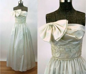 1980s gown wedding dress prom dress ivory 80s strapless dress bow on bodice pockets A J Bar