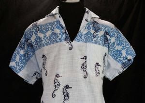 Small Men's 40s Seahorse Shirt - 1940s Novelty Print Sea Horse Cotton - Blue Tiki Aquatic Casual  - Fashionconservatory.com