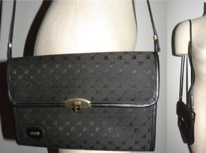 70s Black Pierre Cardin Jacquard & Leather Monogram Clutch Signature Shoulder Bag w/Leather Trim - Fashionconservatory.com