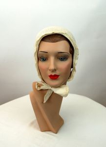 Antique night cap cotton crocheted bonnet 1800s ivory white