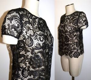 90s Black LACE Top Short Sleeved Sheer Shell | XS/S