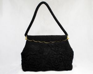 Black Beaded Evening Bag - 1950s Formal Purse - 50s 60s Caviar Beads Handbag - Elegant Rich Puffy 