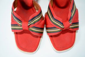 Vintage 1970s Red White Platform Wedge Sandals by Fanfare  |  7M - Fashionconservatory.com