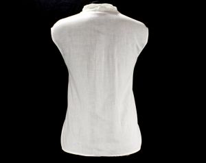 Size 10 White Summer Shirt - Antique Inspired 1980s Cotton Sleeveless Top - Fine Hand Sewn Drawnwork - Fashionconservatory.com