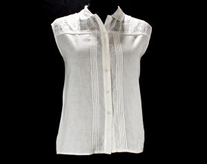 Size 10 White Summer Shirt - Antique Inspired 1980s Cotton Sleeveless Top - Fine Hand Sewn Drawnwork