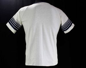 Men's Small Souvenir T Shirt - 80s Piedmont Airlines Tee - White Cotton Knit with Navy Blue Stripes  - Fashionconservatory.com