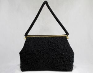 Black Beaded Evening Bag - 1950s Formal Purse - 50s 60s Caviar Beads Handbag - Elegant Rich Puffy  - Fashionconservatory.com