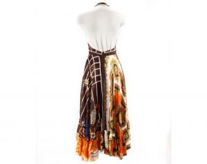 Size 6 1970s Hippie Dress - Gorgeous Scarf Novelty Print - 70s Boho Halter Summer Sun Dress - Brown  - Fashionconservatory.com