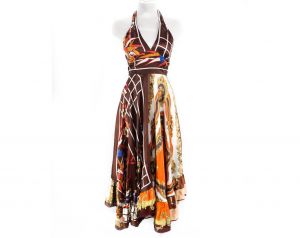 Size 6 1970s Hippie Dress - Gorgeous Scarf Novelty Print - 70s Boho Halter Summer Sun Dress - Brown 