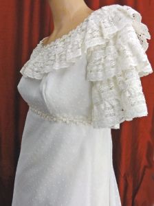 Mod 60s White Empire Waist Wedding Dress w/Train Bridal Gown Lace Ruffles Regency Style Dotted Swiss - Fashionconservatory.com