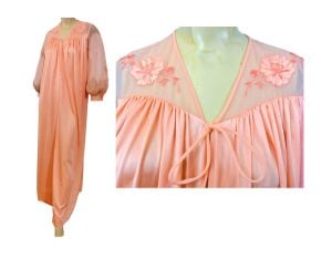 Vintage 70s Robe Peach Dressing Gown Long Nylon Negligee Bathrobe Puffy Sleeves Sheer Trim Lorraine