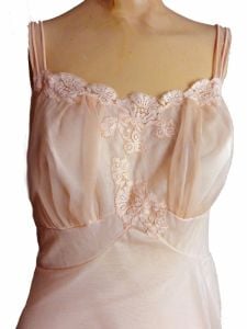 1950s Nightgown Two Layers Nylon Pink Chiffon Lace Trim Wedding Night Bridal Lingerie by Artemis - Fashionconservatory.com