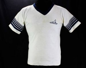 Men's Small Souvenir T Shirt - 80s Piedmont Airlines Tee - White Cotton Knit with Navy Blue Stripes 