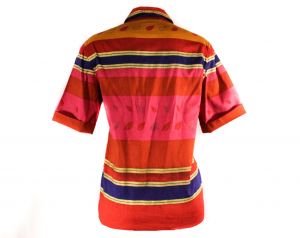 Size 10 Vivid Striped Shirt - 1980s Cotton Short Sleeve Summer Top - 80s Tropical New Wave - Pink  - Fashionconservatory.com