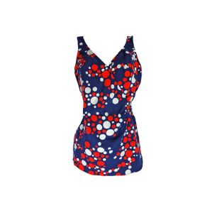 Vintage 60s Swimsuit One Piece Bathing Suit Skirted Low Back Red White and Blue Polka Dots Bubbles